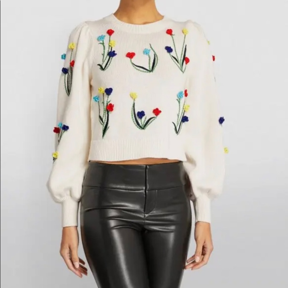 Alice + Olivia Women's Wendell Drama Sleeve Crochet Floral Pullover Sweater